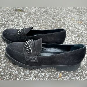 Longchamp sz 38 Black Suede Chain Detail Loafer Slip Ons Chunky
